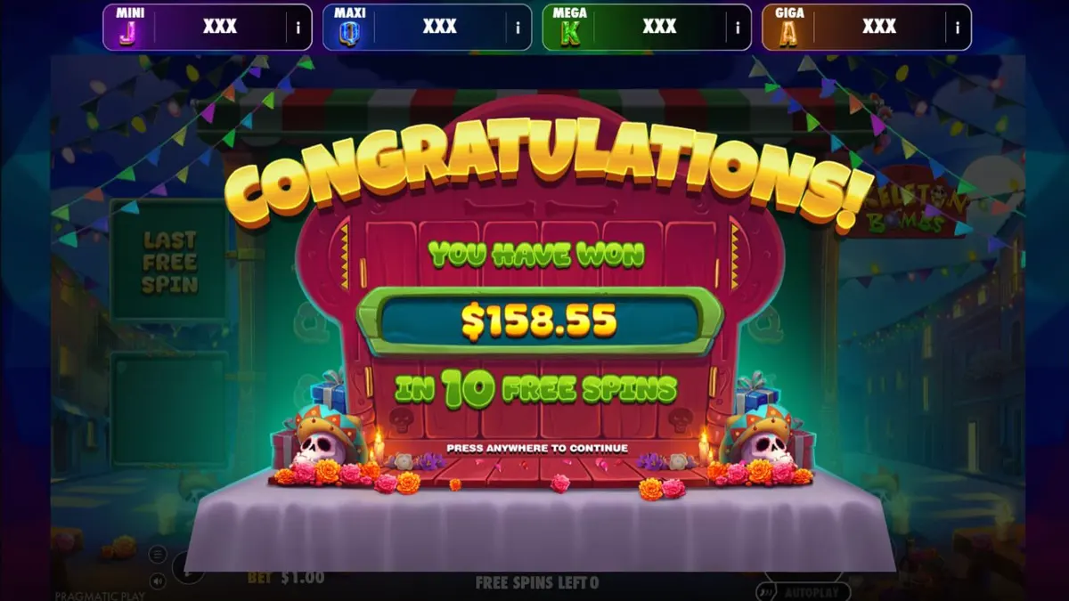 Cena vibrante do jogo de slot Skeleton Bombs com caveiras mexicanas e multiplicadores.