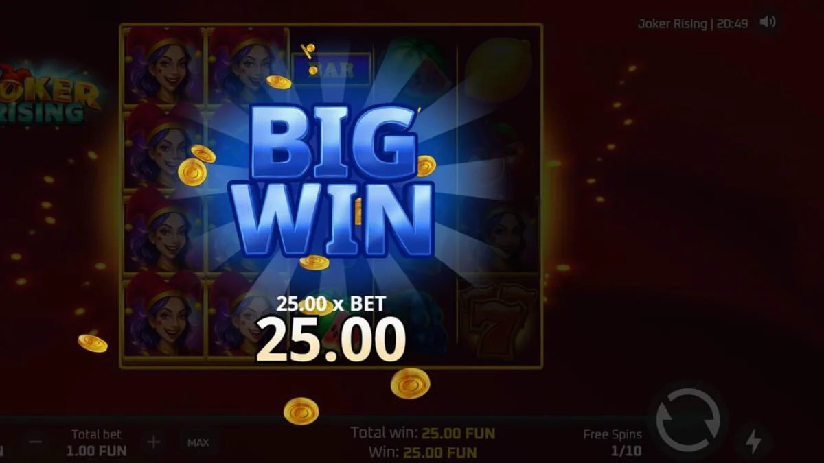 Interface vibrante do slot Joker Rising com símbolos de frutas e neon